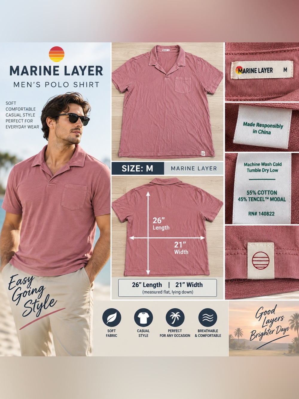 Marine Layer Men’s Polo Shirt Size M Dusty Rose Tencel Modal Cotton Pocket